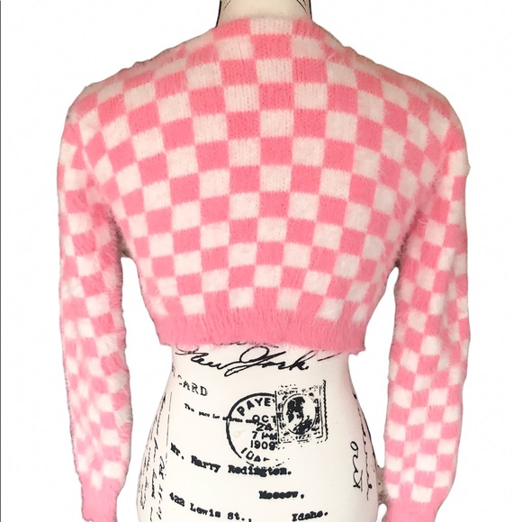 Plaid sweater pink white womens cardigan long heart buttons - Picture 12 of 12